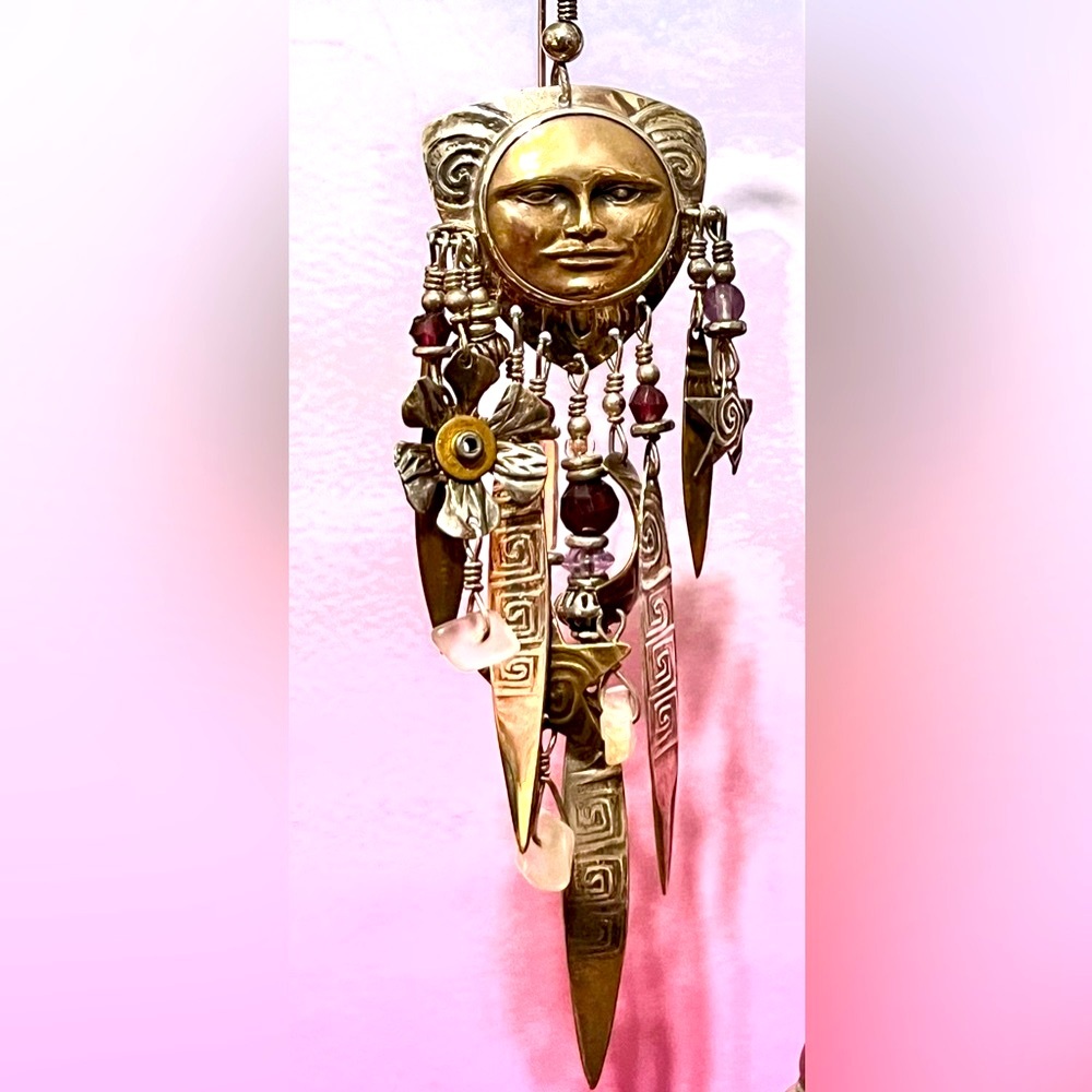 Tabra signed Vintage Bronze and Sterling Celestial Moon face earrings